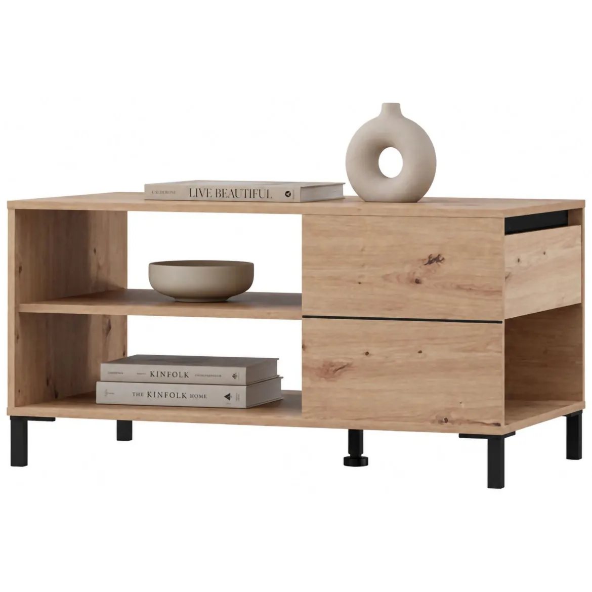 Tavolino da Salotto Marrone Rovere Nodi Nero un Cassetto con Piedini 102x55x52h cm, 3 Vani - Salentina