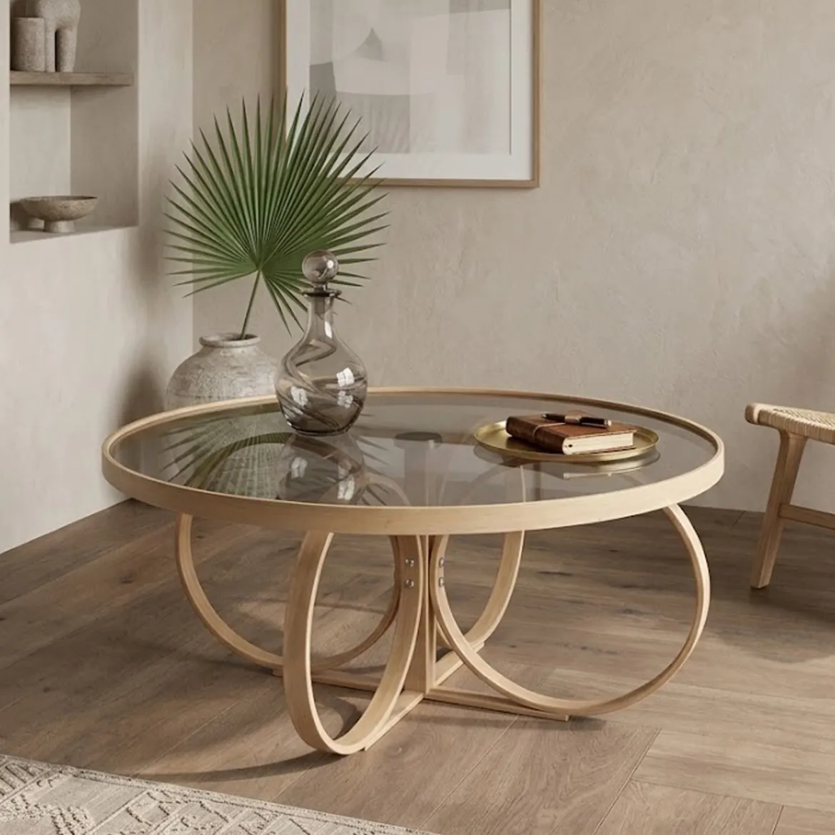 Tavolino da Salotto Marrone Rovere Piano in Vetro Temperato Forma Rotondo 100x100x47h cm, Materiale Struttura in Vetro - Gargallo