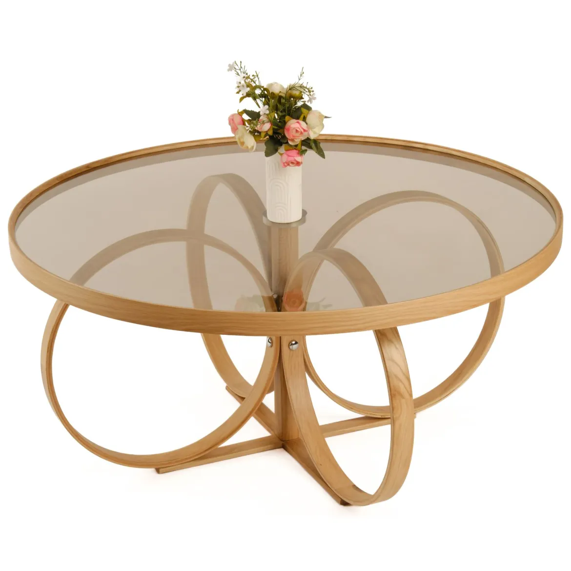 Tavolino da Salotto Marrone Rovere Piano in Vetro Temperato Forma Rotondo 100x100x47h cm, Materiale Struttura in Vetro - Gargallo