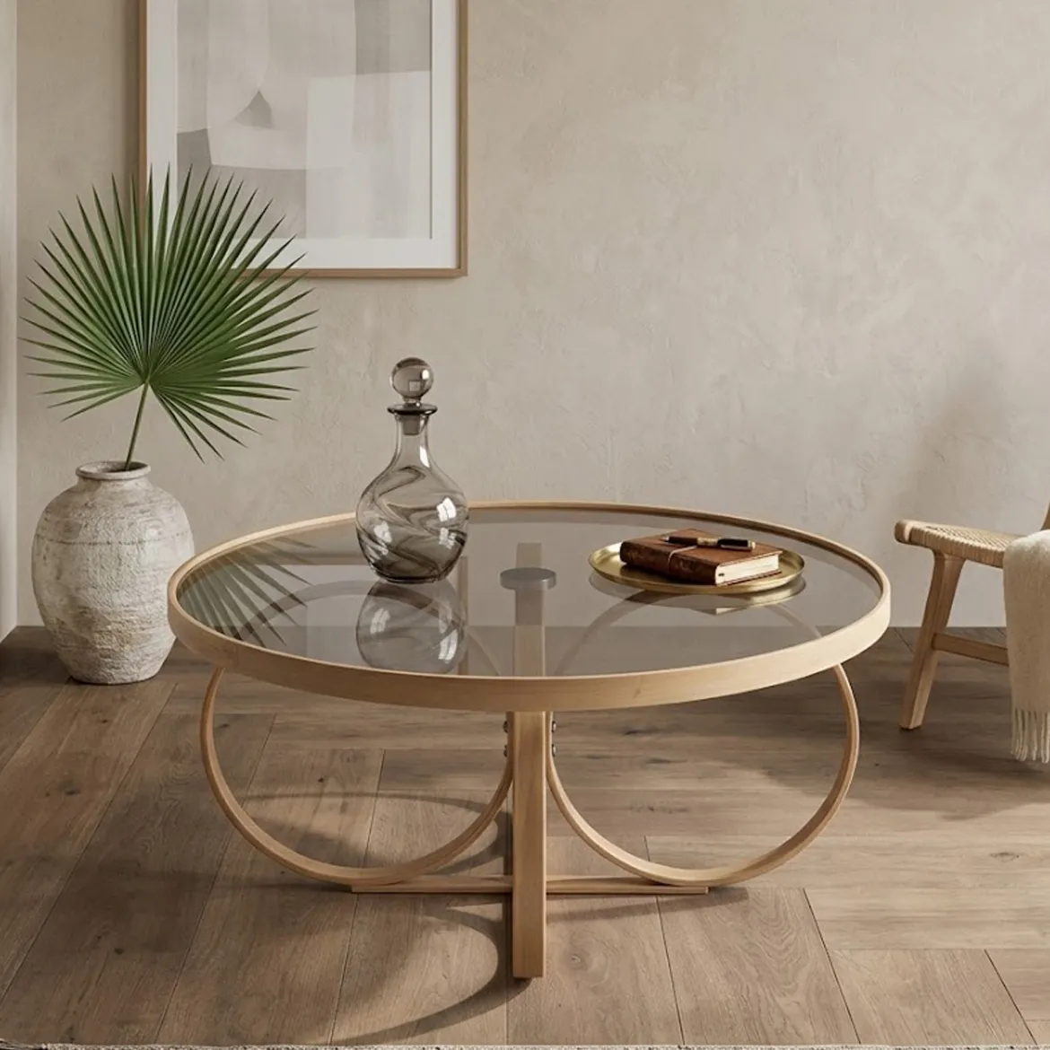 Tavolino da Salotto Marrone Rovere Piano in Vetro Temperato Forma Rotondo 100x100x47h cm, Materiale Struttura in Vetro - Gargallo