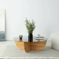 Tavolino da Salotto Marrone Rovere Portariviste Forma Rotonda 90x90x30h cm, Materiale Struttura in Vetro - Jolanda