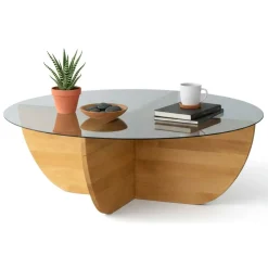 Tavolino da Salotto Marrone Rovere Portariviste Forma Rotonda 90x90x30h cm, Materiale Struttura in Vetro - Jolanda