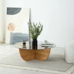 Tavolino da Salotto Marrone Rovere Portariviste Forma Rotonda 90x90x30h cm, Materiale Struttura in Vetro - Jolanda