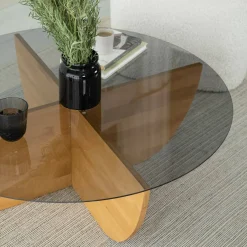 Tavolino da Salotto Marrone Rovere Portariviste Forma Rotonda 90x90x30h cm, Materiale Struttura in Vetro - Jolanda