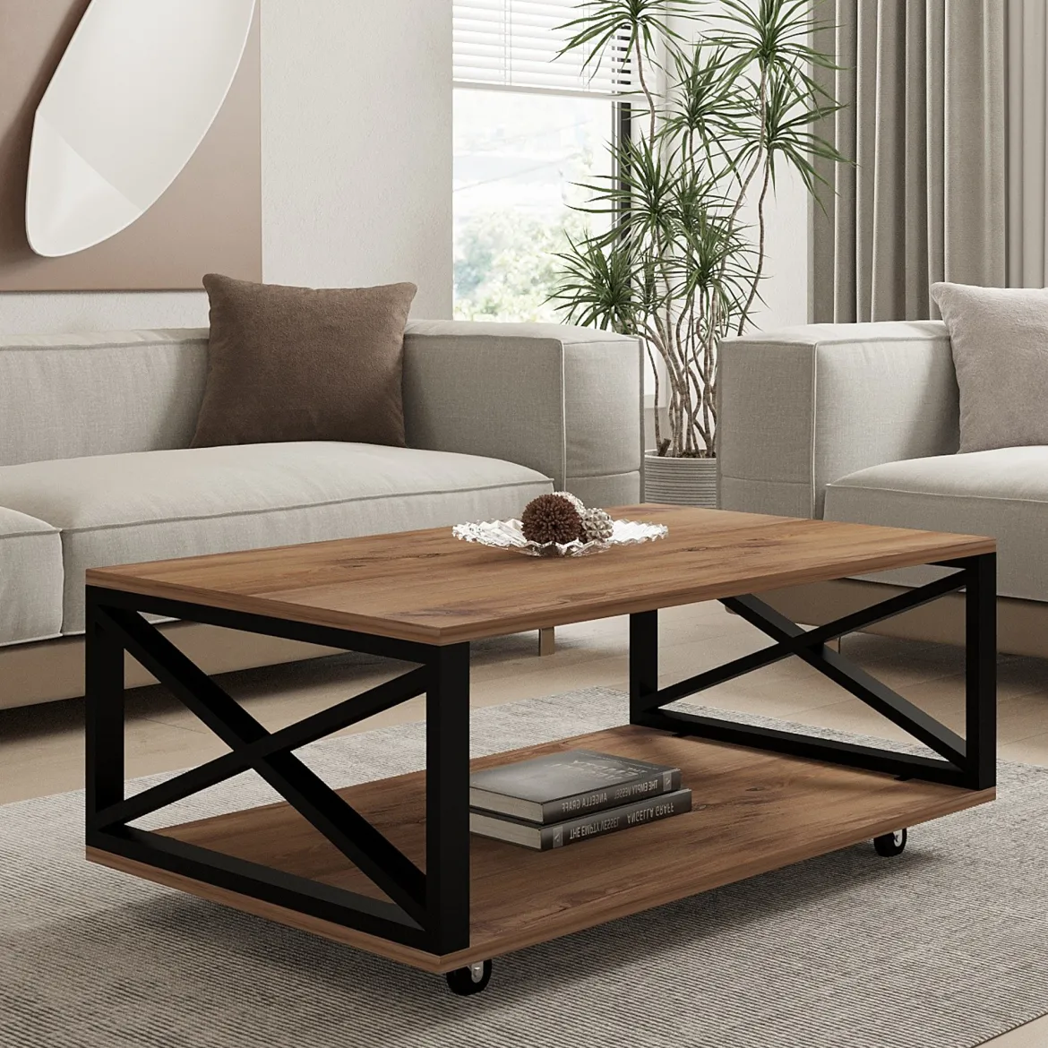 Tavolino da Salotto Marrone Rovere Scuro Nero set 3 Pezzi 3 Vani 70x70x38h cm, Forma Rotondo - Gignese