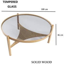 Tavolino da Salotto Marrone Rovere un Vano Piano in Vetro Temperato 100x100x46h cm, Forma Rotondo - Canterano