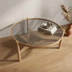 Tavolino da Salotto Marrone Rovere un Vano Piano in Vetro Temperato 100x100x46h cm, Forma Rotondo - Canterano