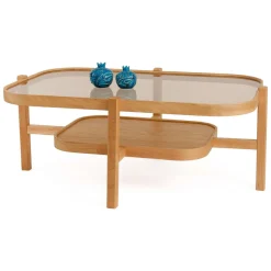 Tavolino da Salotto Marrone Rovere un Vano Piano in Vetro Temperato 110x70x48h cm, Forma Rettangolare - Sorbolo
