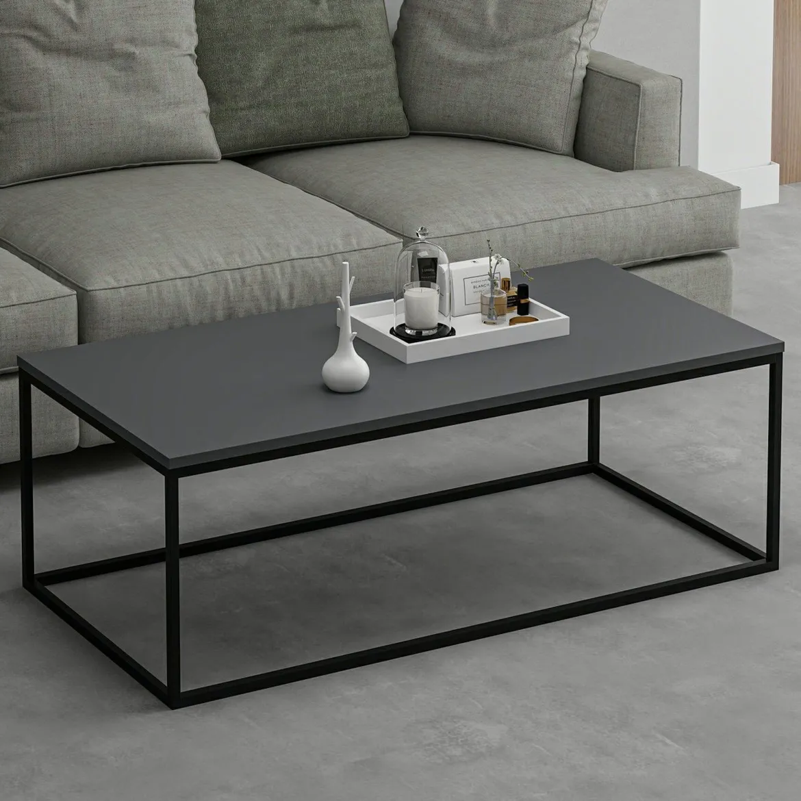 Tavolino da Salotto Nero Antracite Nero Forma Rettangolare Materiale Piano in Legno Nobilitato 120x60x42h cm, Sfumatura Colore Struttura Antracite