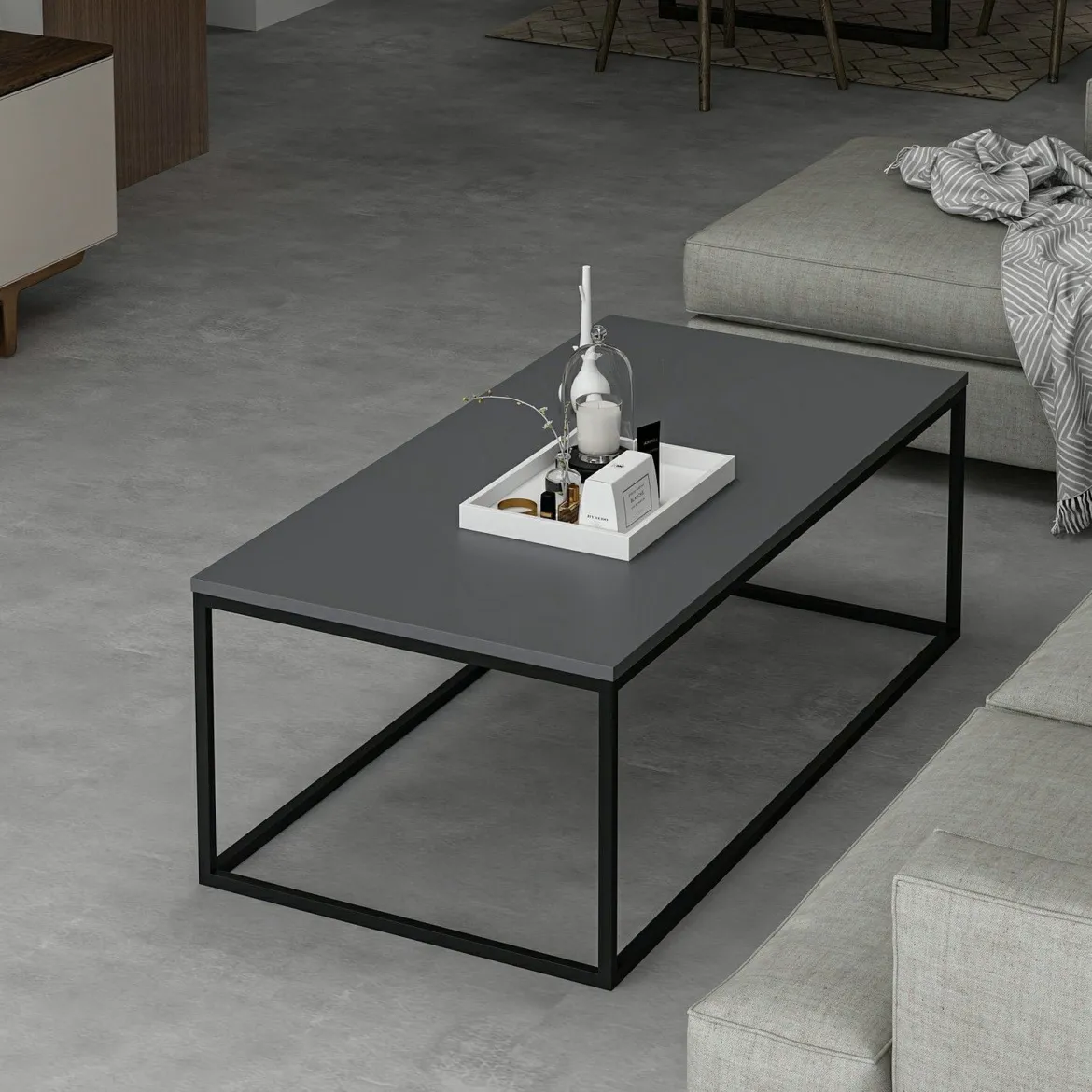 Tavolino da Salotto Nero Antracite Nero Forma Rettangolare Materiale Piano in Legno Nobilitato 120x60x42h cm, Sfumatura Colore Struttura Antracite