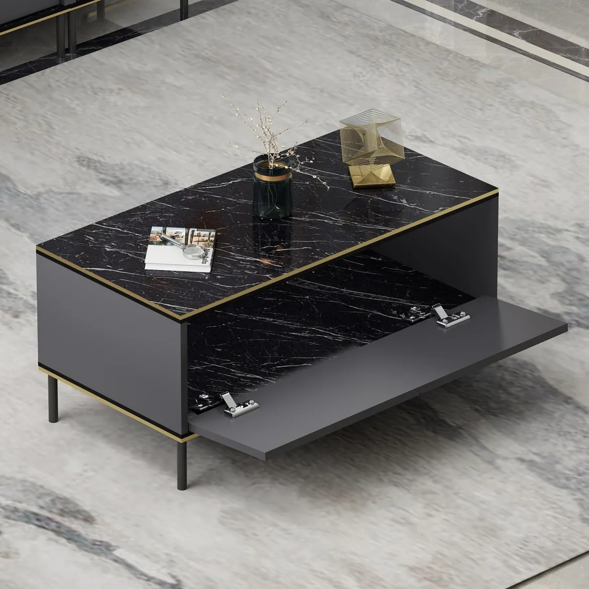 Tavolino da Salotto Nero Antracite oro con Piedini un Vano 90x45x40h cm, Piano Sollevabile - Zerbolo