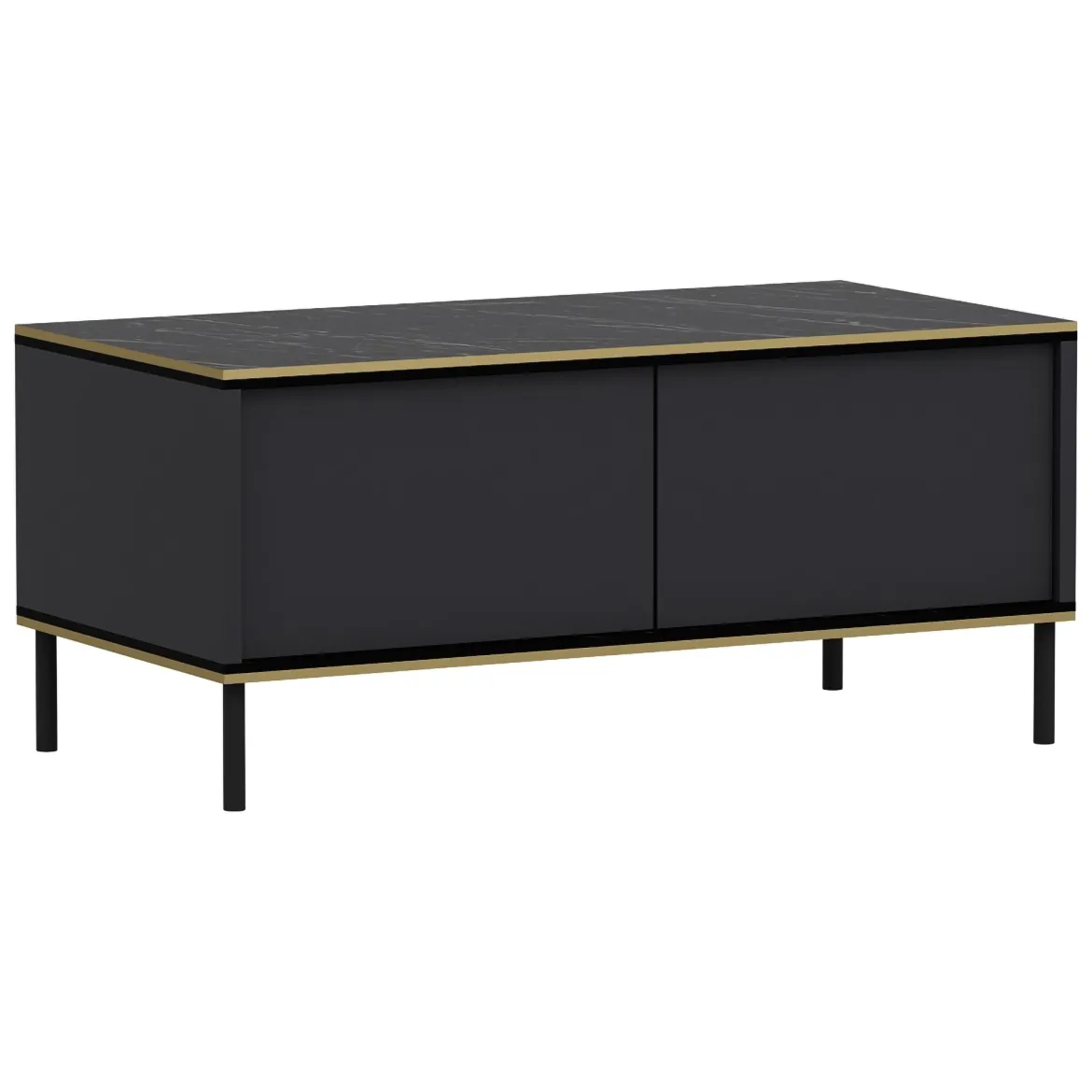Tavolino da Salotto Nero Antracite oro con Piedini un Vano 90x45x40h cm, Piano Sollevabile - Zerbolo