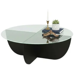 Tavolino da Salotto Nero Forma Rotonda Materiale Piano in Vetro 90x90x30h cm, Colore Ripiano Trasparente - Jolanda