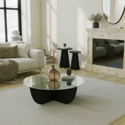 Tavolino da Salotto Nero Forma Rotonda Materiale Piano in Vetro 90x90x30h cm, Colore Ripiano Trasparente - Jolanda
