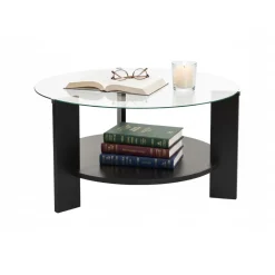 Tavolino da Salotto Nero Forma Rotondo Materiale Piano in Vetro 75x75x40h cm, Colore Ripiano Trasparente - Canevino