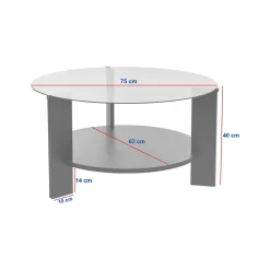 Tavolino da Salotto Nero Forma Rotondo Materiale Piano in Vetro 75x75x40h cm, Colore Ripiano Trasparente - Canevino