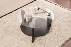Tavolino da Salotto Nero Forma Rotondo Materiale Piano in Vetro 75x75x40h cm, Colore Ripiano Trasparente - Canevino