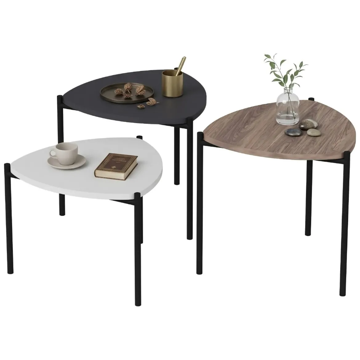 Tavolino da Salotto Nero Marrone Noce set 3 Pezzi Forma Triangolare 45x45x45h cm, Colore Ripiano Marrone - Carro