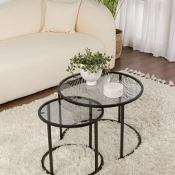 Tavolino da Salotto Nero Modulabile Forma Rotondo 42x42x39h cm, Sfumatura Colore Ripiano Fume - Vetusto