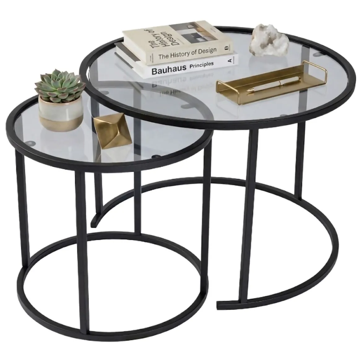 Tavolino da Salotto Nero Modulabile Forma Rotondo 42x42x39h cm, Sfumatura Colore Ripiano Fume - Vetusto