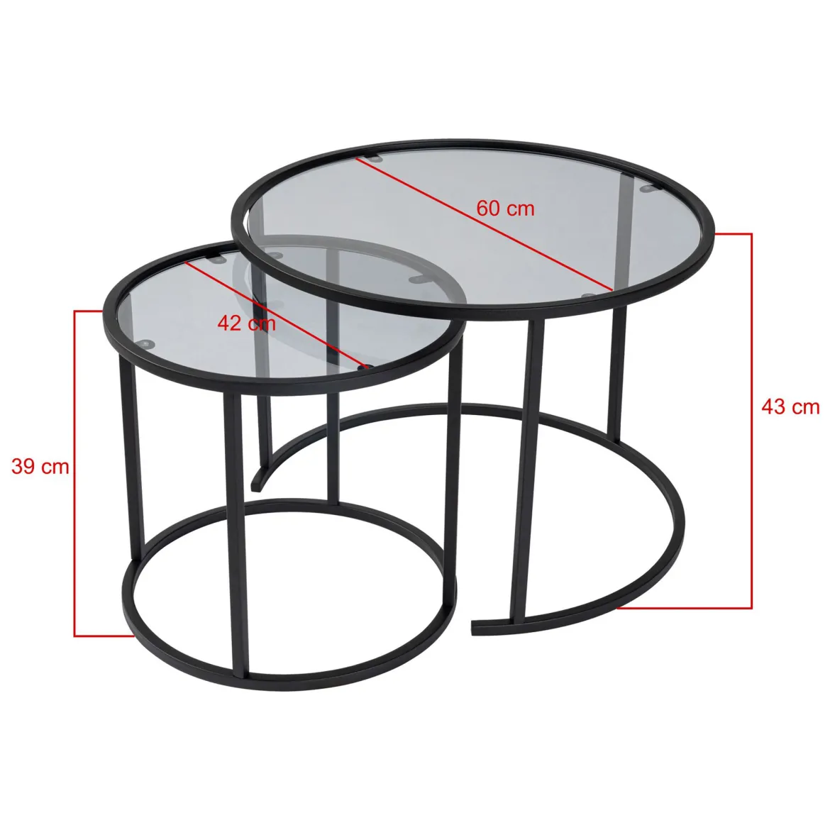 Tavolino da Salotto Nero Modulabile Forma Rotondo 42x42x39h cm, Sfumatura Colore Ripiano Fume - Vetusto