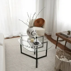 Tavolino da Salotto Nero Modulare Multifunzionale Forma Rettangolare 82x58x40h cm, Materiale Piano in Vetro - Flora