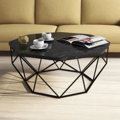 Tavolino da Salotto Nero Nero Marmo Forma Ottagonale Materiale Piano in Legno Nobilitato 90x90x38h cm, Colore Ripiano Nero - Coazzolo