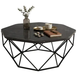 Tavolino da Salotto Nero Nero Marmo Forma Ottagonale Materiale Piano in Legno Nobilitato 90x90x38h cm, Colore Ripiano Nero - Coazzolo