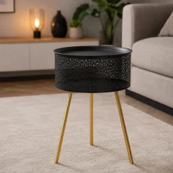 Tavolino da Salotto Nero oro Contenitore un Vano 35x35x50h cm, Piano Sollevabile - Mukall