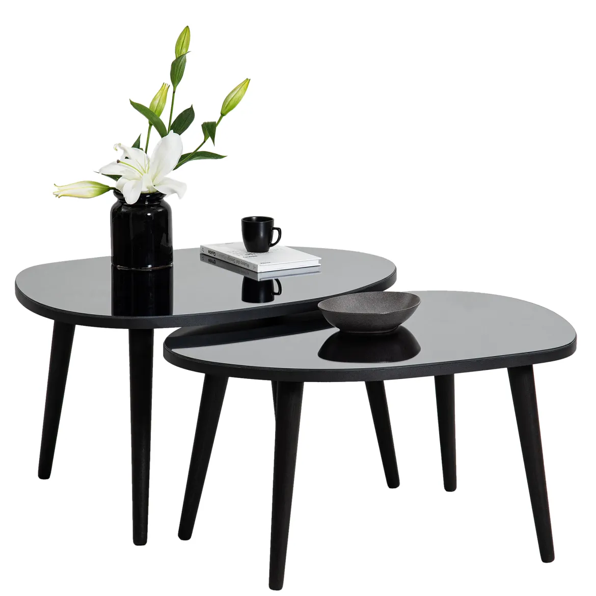 Tavolino da Salotto Nero Piano in Vetro Temperato Forma Ovale 75x55x38h cm, Sfumatura Colore Ripiano Fume - Cassiano