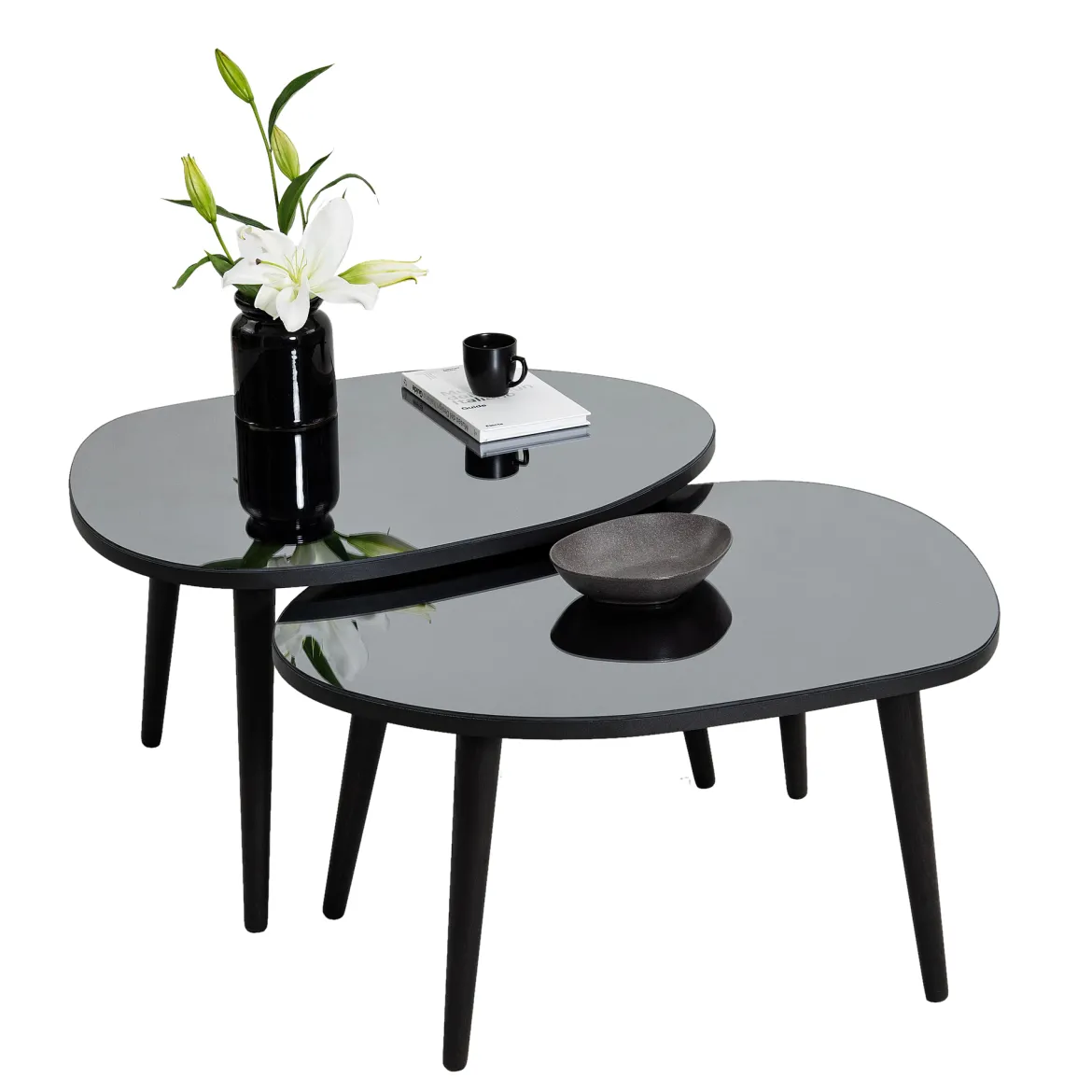 Tavolino da Salotto Nero Piano in Vetro Temperato Forma Ovale 75x55x38h cm, Sfumatura Colore Ripiano Fume - Cassiano