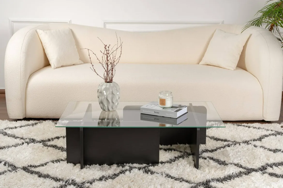 Tavolino da Salotto Nero Portariviste Forma Rettangolare 105x65x30h cm, Materiale Piano in Vetro - Kallias