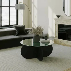 Tavolino da Salotto Nero Portariviste Forma Rotonda 75x75x42h cm, Materiale Piano in Vetro - Esperia