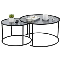 Tavolino da Salotto Nero set di 2 Tavolini Forma Circolare 80x80x43h cm, Sfumatura Colore Ripiano Fume - Aedion