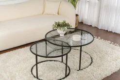 Tavolino da Salotto Nero set di 2 Tavolini Forma Circolare 80x80x43h cm, Sfumatura Colore Ripiano Fume - Aedion