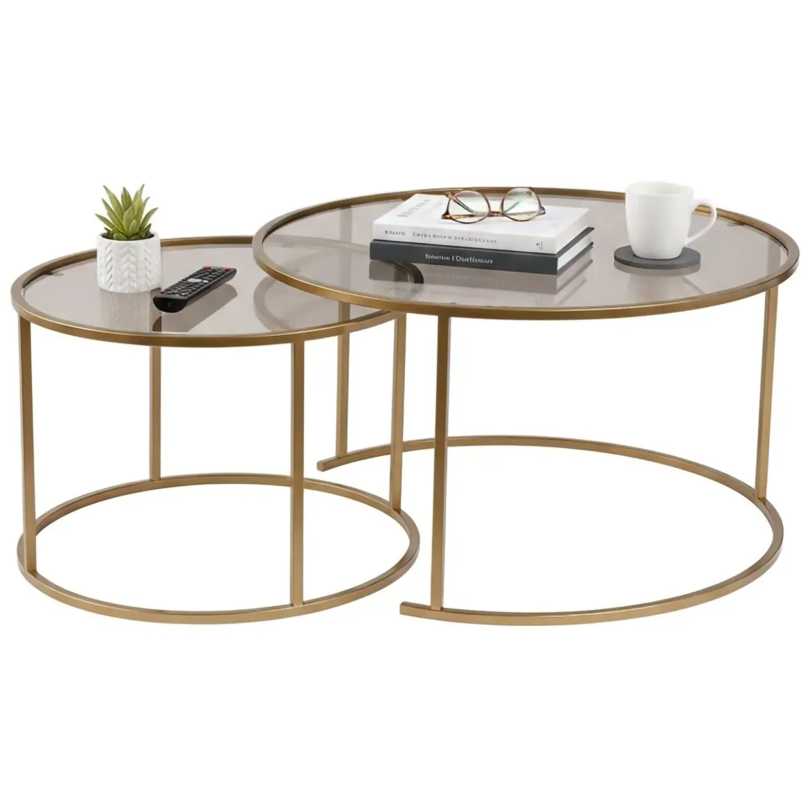 Tavolino da Salotto oro Bronzo set di 2 Tavolini Forma Circolare 80x80x43h cm, Materiale Struttura in Vetro - Aedion