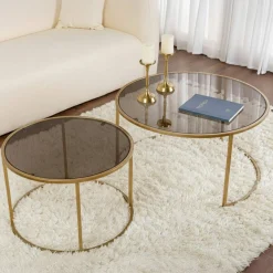 Tavolino da Salotto oro Bronzo set di 2 Tavolini Forma Circolare 80x80x43h cm, Materiale Struttura in Vetro - Aedion