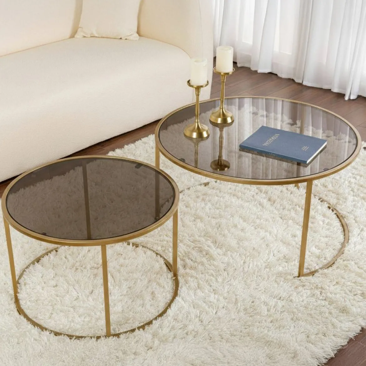 Tavolino da Salotto oro Bronzo set di 2 Tavolini Forma Circolare 80x80x43h cm, Materiale Struttura in Vetro - Aedion