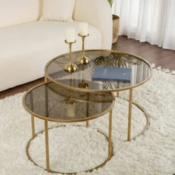 Tavolino da Salotto oro Bronzo set di 2 Tavolini Forma Circolare 80x80x43h cm, Materiale Struttura in Vetro - Aedion