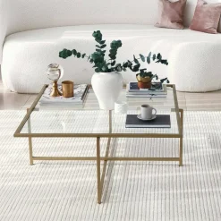 Tavolino da Salotto oro Cassetti Resistente All'appannamento 85x85x35h cm, Vani - Mascate