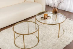 Tavolino da Salotto oro Piano in Vetro Temperato Forma Rotondo 80x80x43h cm, Materiale Piano in Vetro - Telti