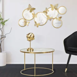 Tavolino da Salotto oro Trasparente Design con Farfalla Forma Rotondo 35x35x60h cm, Colore Ripiano Trasparente - Balesosa