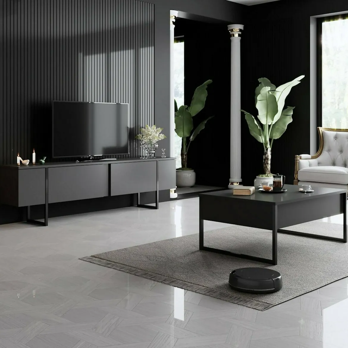 Tavolino da salotto rettangolare antracite e nero 90x60x40h cm - Lavinia