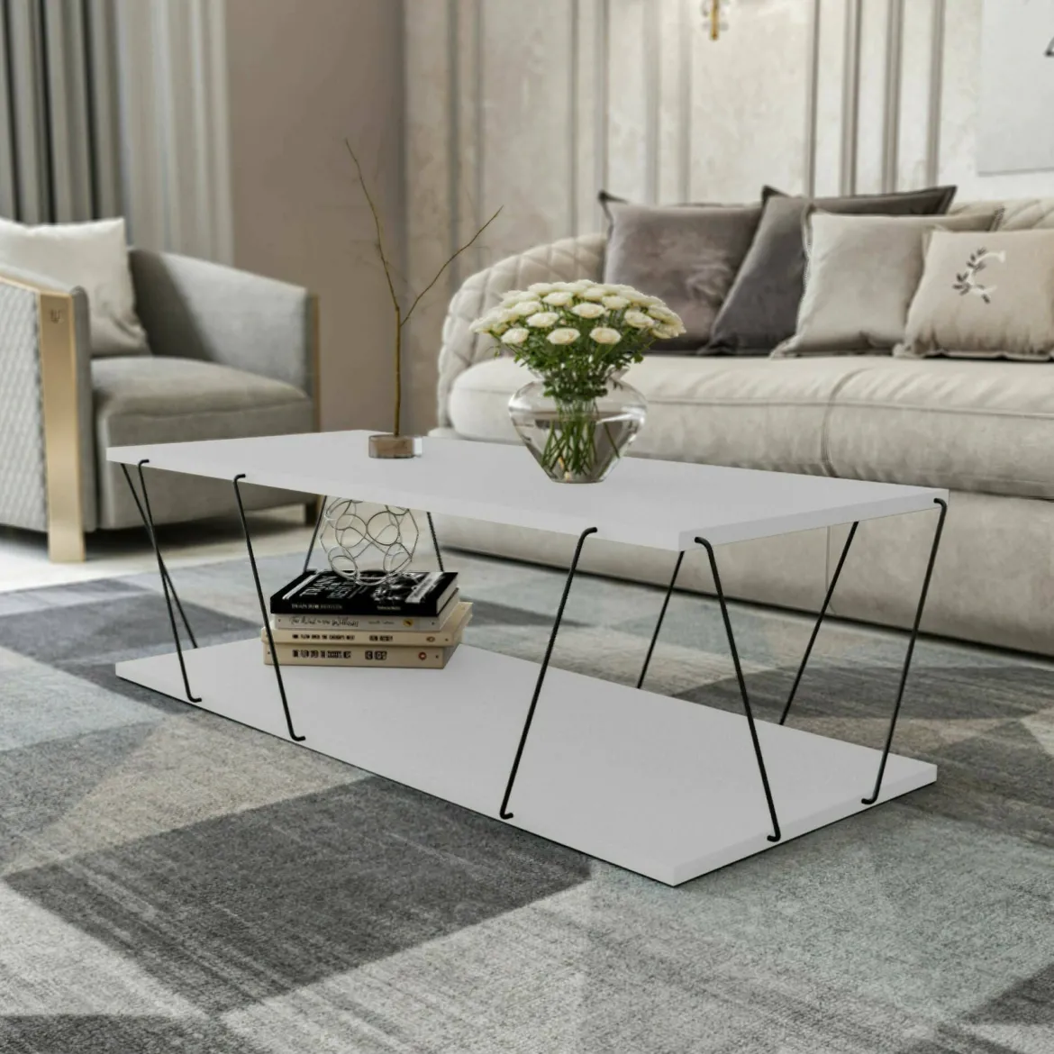 Tavolino da salotto rettangolare bianco e nero 90x60x40h cm - Vespero
