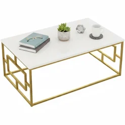 Tavolino da salotto rettangolare bianco e oro 106x60x40h cm - Gigliola