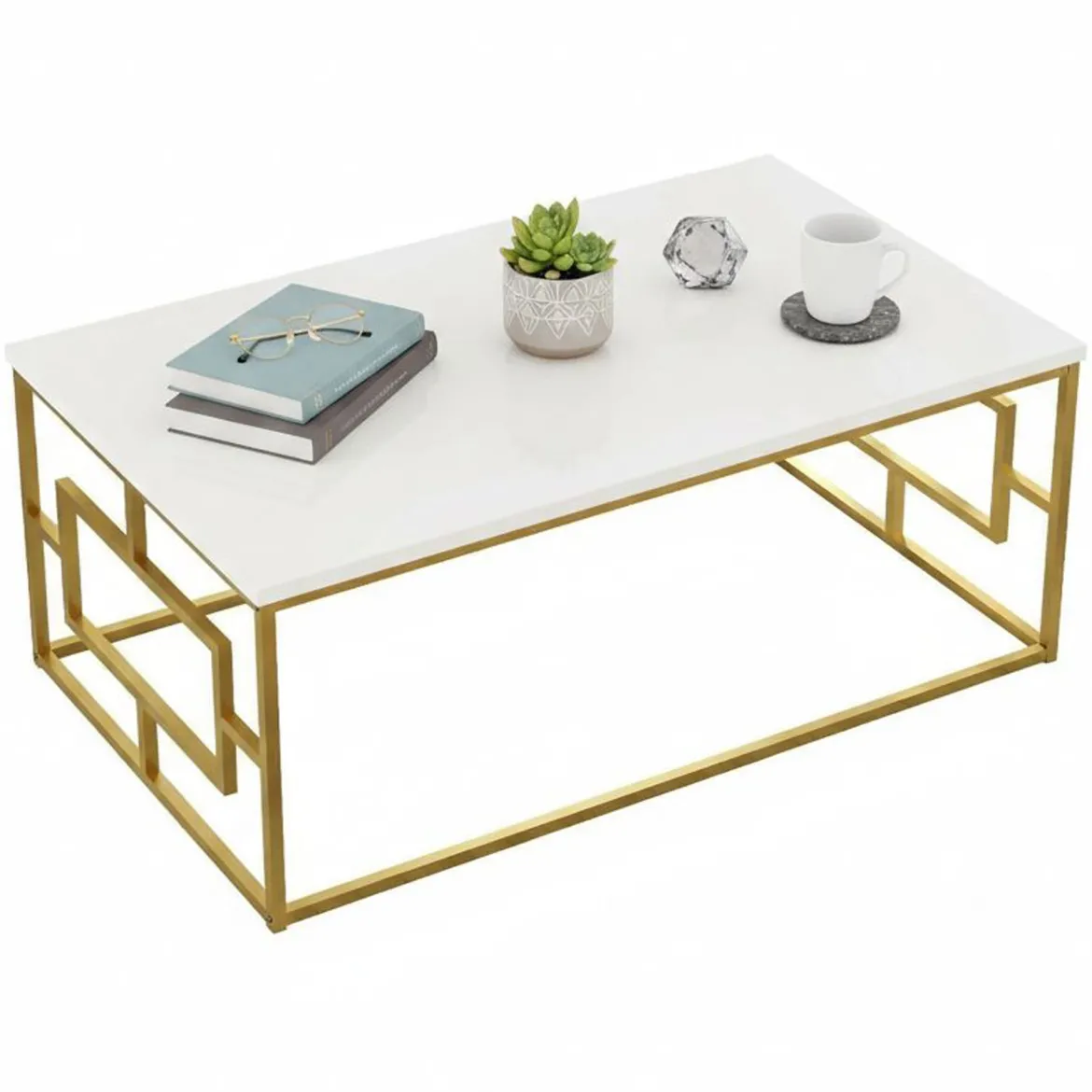 Tavolino da salotto rettangolare bianco e oro 100x60x40h cm - Franca