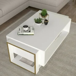 Tavolino da salotto rettangolare bianco e oro 106x60x40h cm - Gigliola