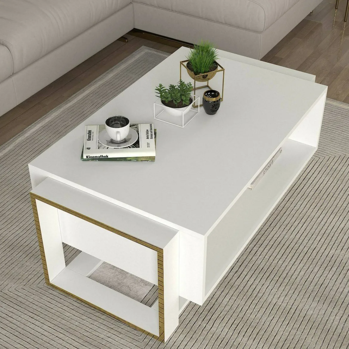 Tavolino da salotto rettangolare bianco e oro 106x60x40h cm - Gigliola