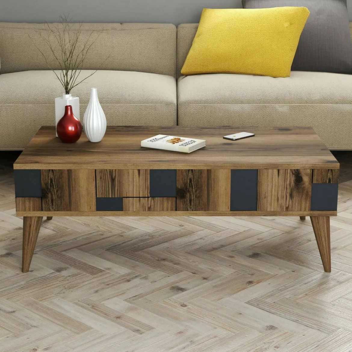 Tavolino da salotto rettangolare noce e antracite 90x41x54h cm - Basilica
