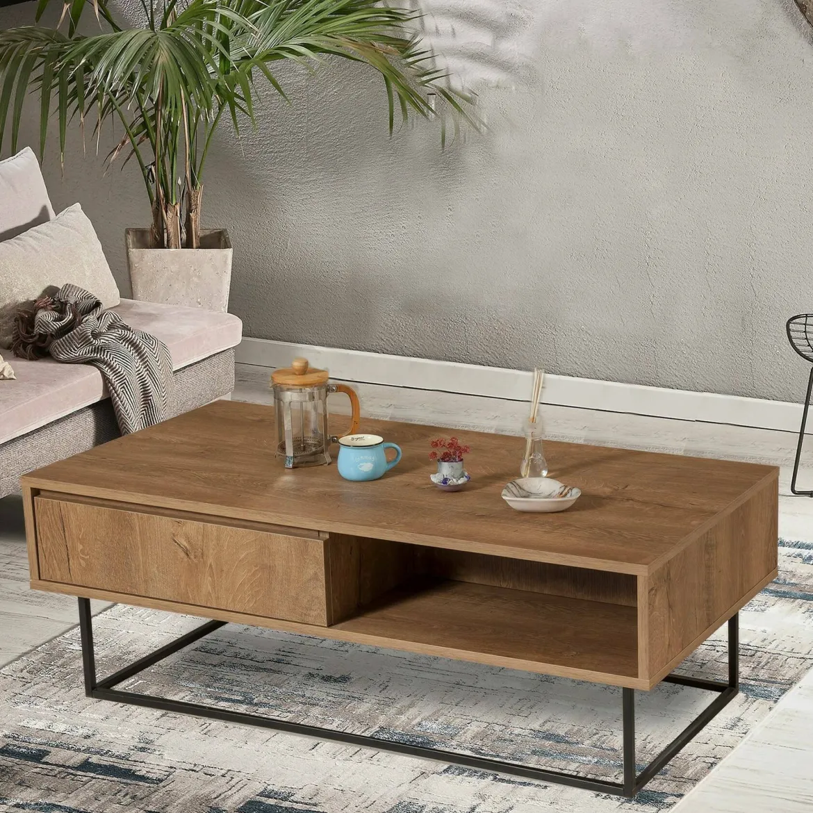 Tavolino da salotto rettangolare noce e nero 120x60x43h cm con scaffale scorrevole - Bard
